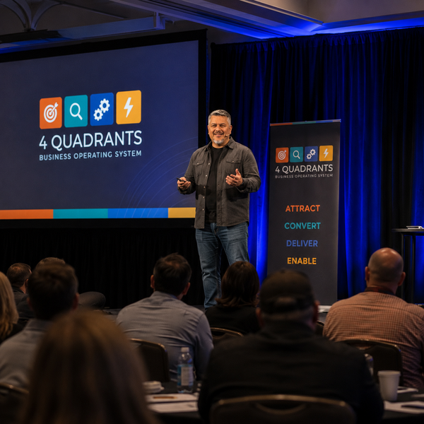 Rob Whitlow on stage presenting “4 Quadrants” at a conference, with audience seated in front