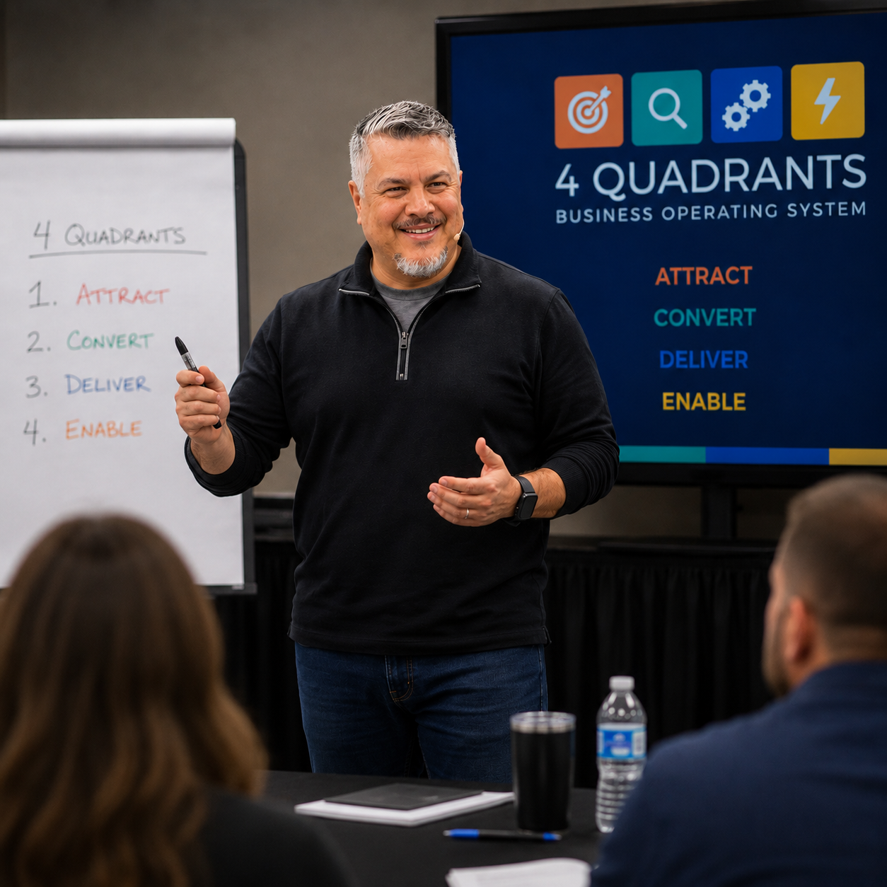 Rob Whitlow speaking beside a slide reading “4 Quadrants Business Operating System” in a classroom setting