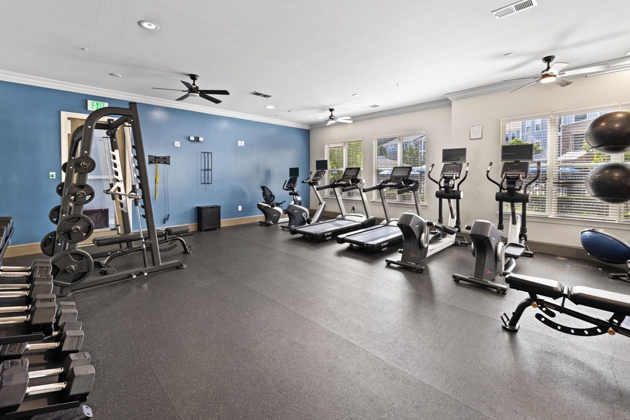 Indoor apartment community gym with treadmills, ellipticals, free weights, and a blue accent wall.