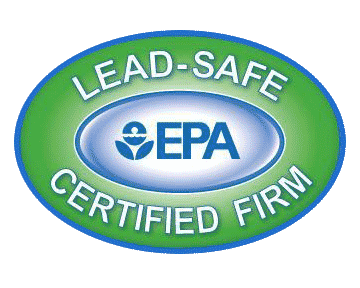 Lead-Safe Certified Firm logo: oval with green and blue border, EPA logo in the center, stating “Lead-Safe Certified Firm.”