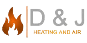 Logo for D & J Heating and Air, featuring a flame graphic next to the letters "D & J" and the company name.