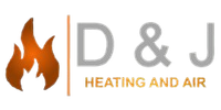 Logo for D & J Heating and Air, featuring a flame graphic next to the letters "D & J" and the company name.