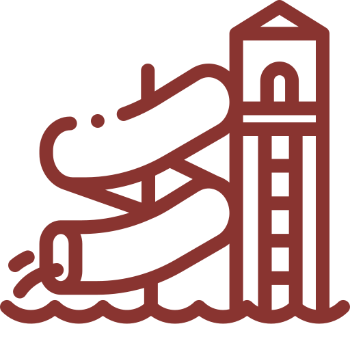 A line drawing of a water slide with a tower in the background.