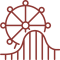 A roller coaster with a ferris wheel in the background.
