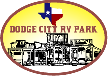 Dodge City RV Park A logo for dodge city rv park with a texas flag
