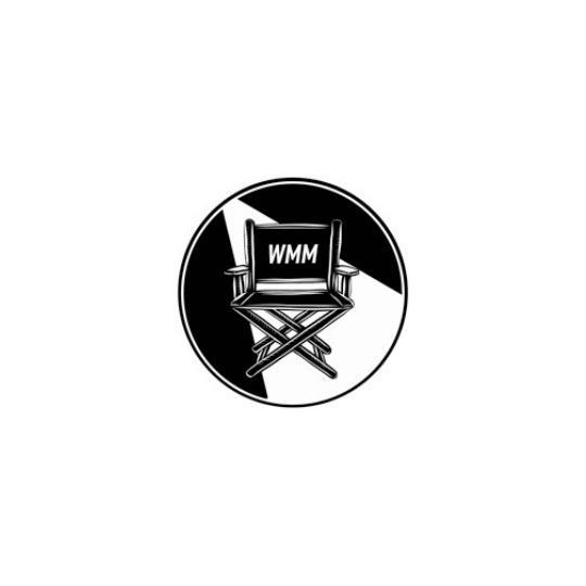 A black and white logo of a director 's chair in a circle.