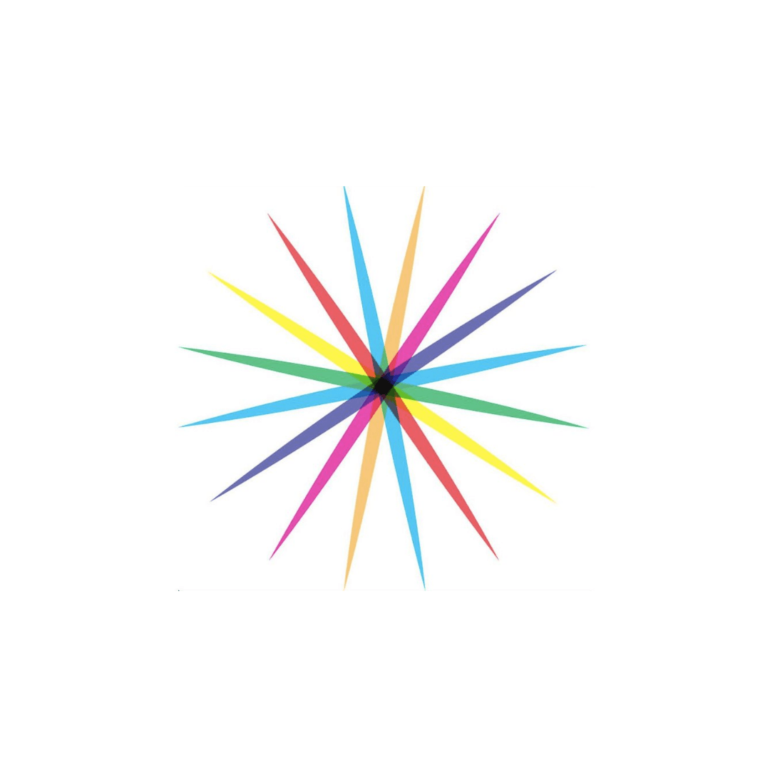 A colorful star with a black center on a white background