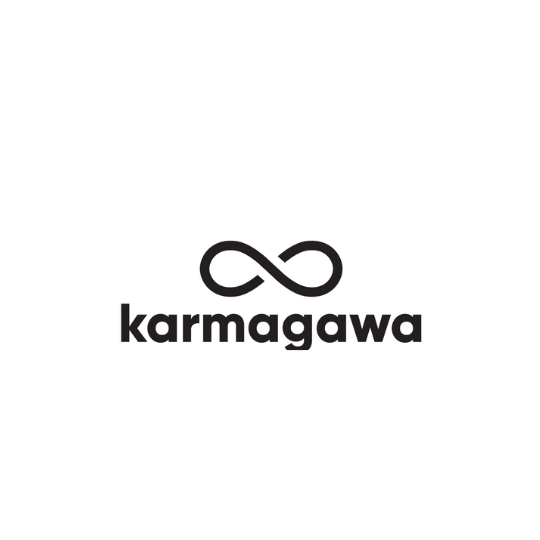 A black and white logo for karmagawa with an infinity symbol.