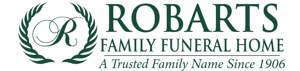 Logo for Robarts Family Funeral Home, featuring a dark green "R" in a leafy crest with text below stating "Since 1906."