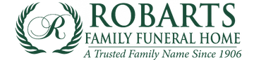 Logo for Robarts Family Funeral Home, featuring a dark green "R" in a leafy crest with text below stating "Since 1906."
