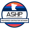 Logo for the Minnesota Air Source Heat Pump Collaborative Preferred Contractor Network, featuring a state outline.