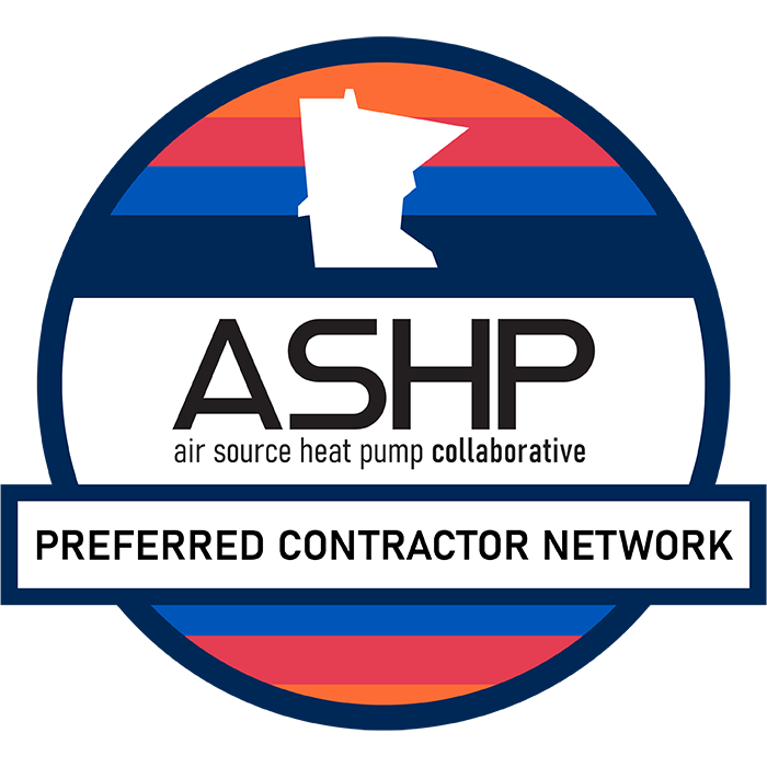 Logo for the Minnesota Air Source Heat Pump Collaborative Preferred Contractor Network, featuring a state outline.