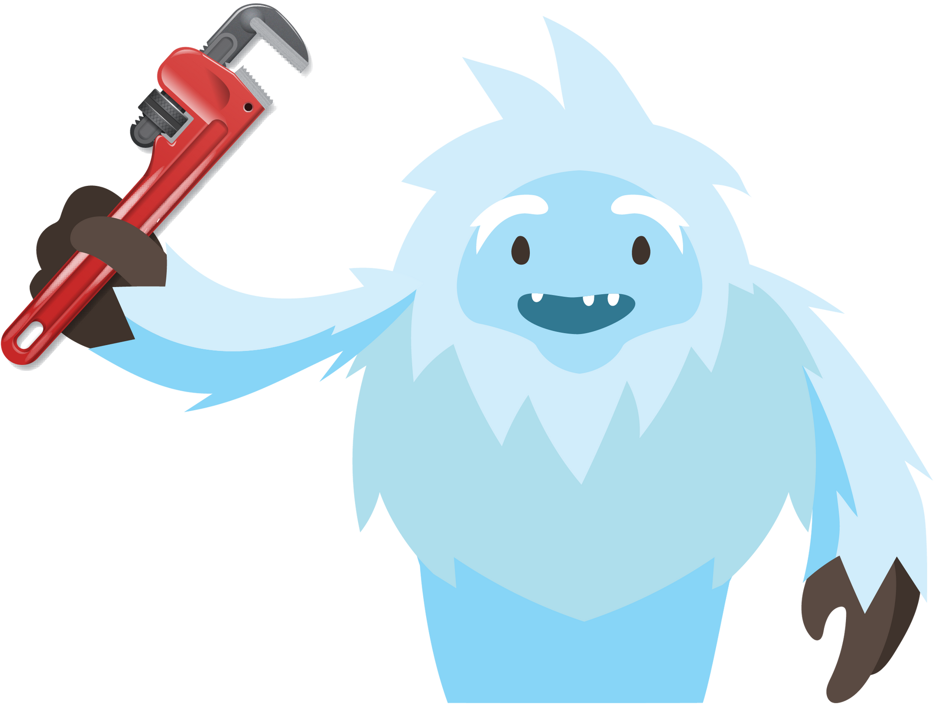 A light blue, furry yeti with a cheerful expression holding a large red pipe wrench.