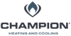 Logo for Champion Heating and Cooling featuring a dark blue stylized flame icon above the brand name in bold dark text.