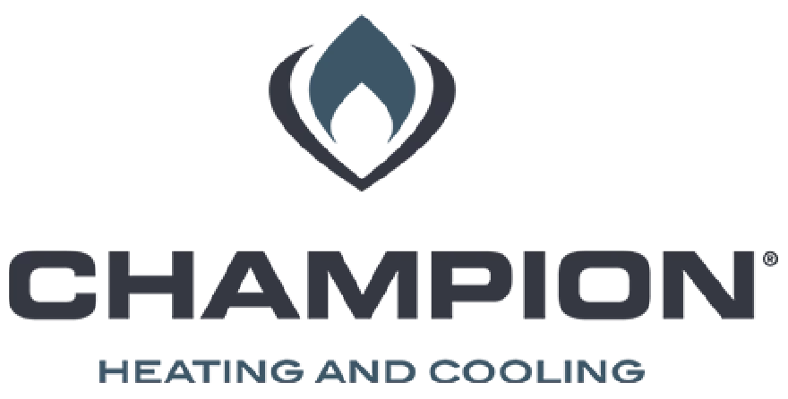 Logo for Champion Heating and Cooling featuring a dark blue stylized flame icon above the brand name in bold dark text.