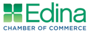 Logo for the Edina Chamber of Commerce, featuring a green four-leaf clover icon beside the text in green and blue.