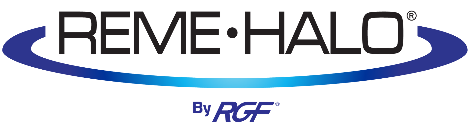 The REME HALO logo in black text with a blue swoosh graphic and the RGF brand name below.