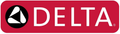 The red, rectangular Delta Faucet logo with white text and a circular icon containing three white water drop shapes.