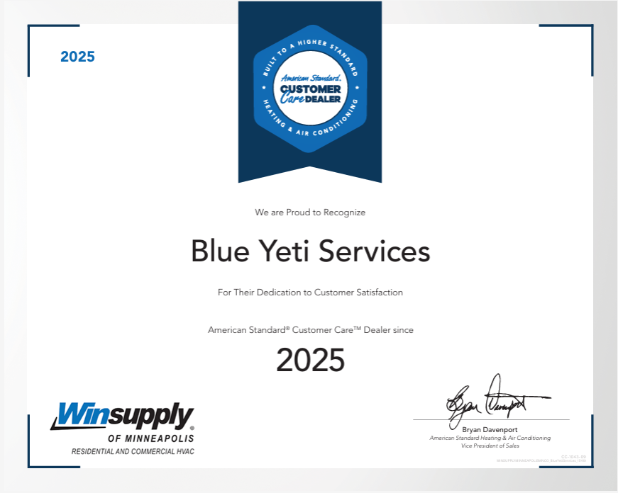 A 2025 American Standard Customer Care Dealer award certificate for Blue Yeti Services, co-branded with Winsupply.