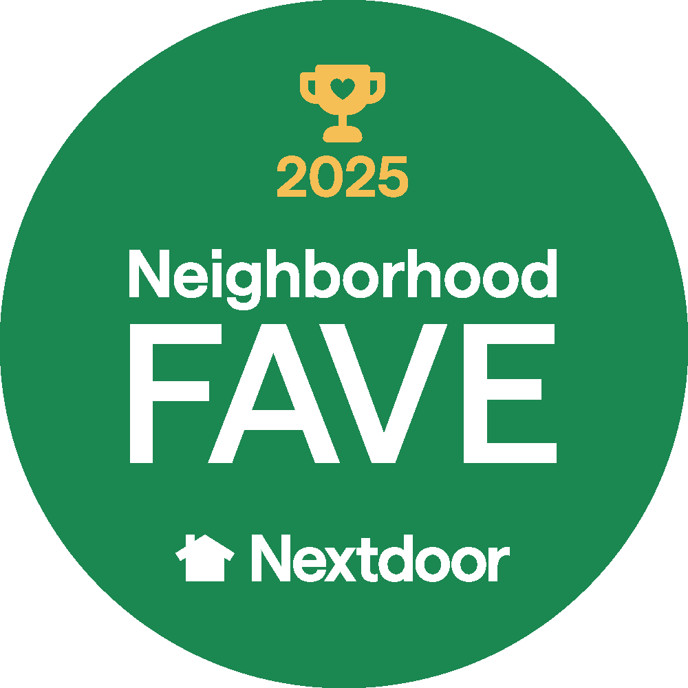 Green circular badge featuring a gold trophy icon, the text 