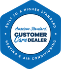 Blue hexagonal badge for an American Standard Customer Care Dealer with the text 