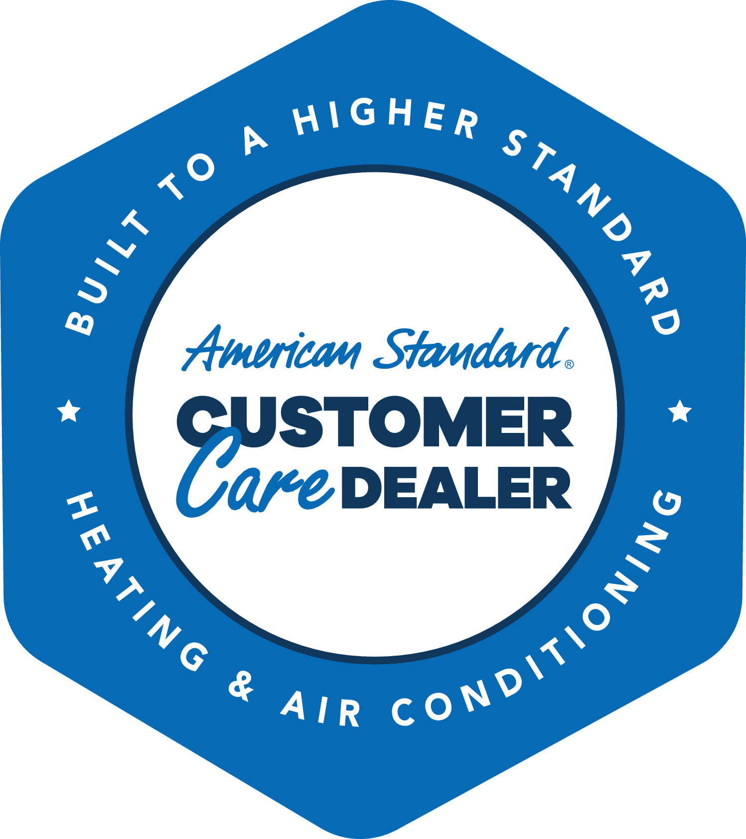 Blue hexagonal badge for an American Standard Customer Care Dealer with the text 