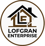 Lofgran Enterprise logo with a brown-and-black house outline inside a brown circle on a white background