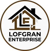 Lofgran Enterprise logo with a brown-and-black house outline inside a brown circle on a white background