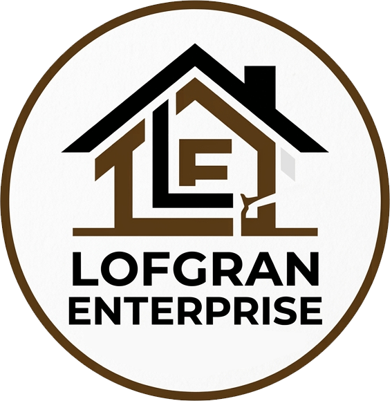 Lofgran Enterprise logo with a brown-and-black house outline inside a brown circle on a white background