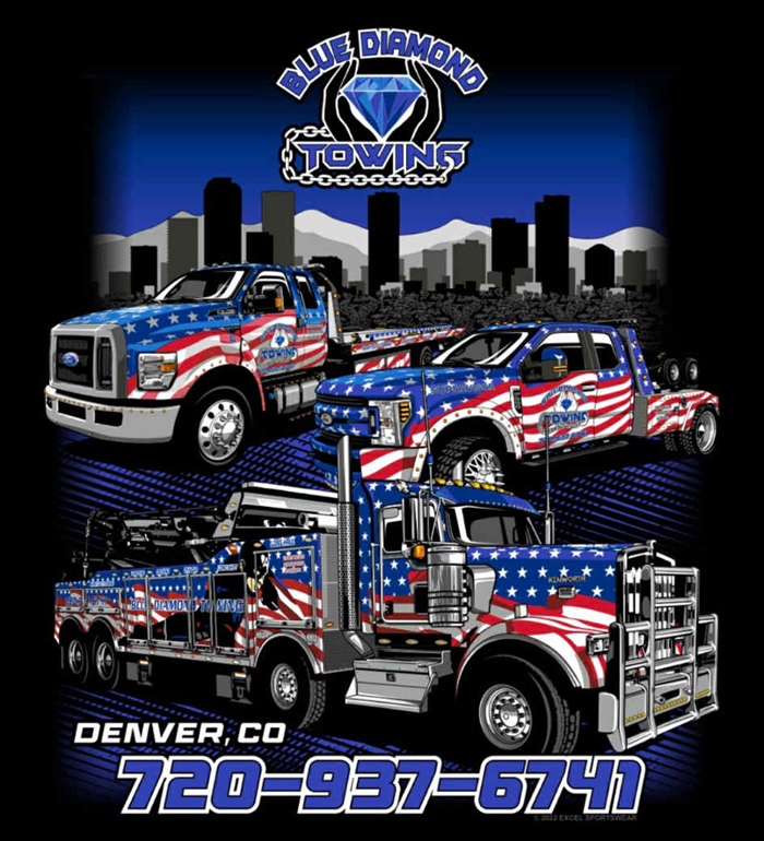 Blue Diamond Towing trucks with American flag design in Denver, CO.