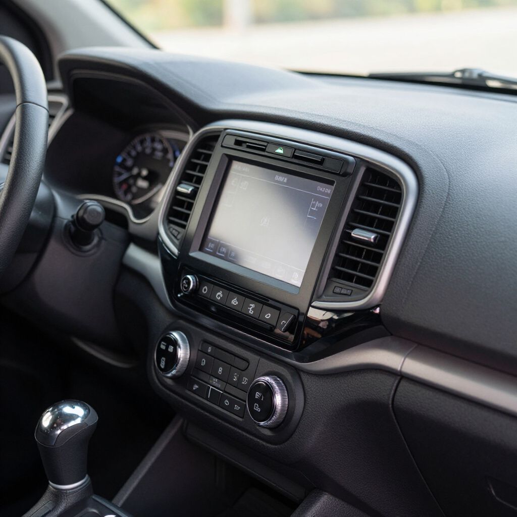 Car dashboard with a touchscreen display, air vents, and control knobs.