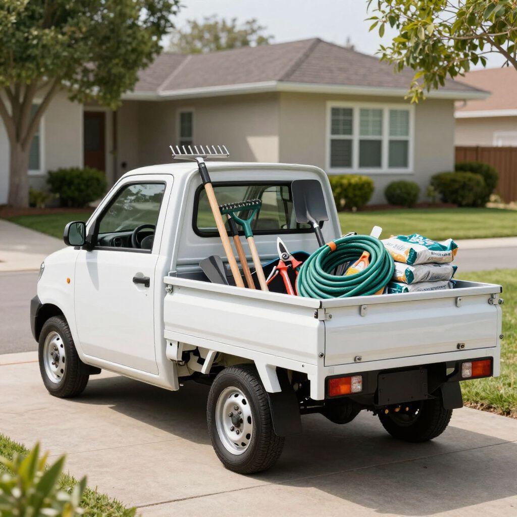 White pickup truck loaded with gardening tools parked in a driveway in front of a house.