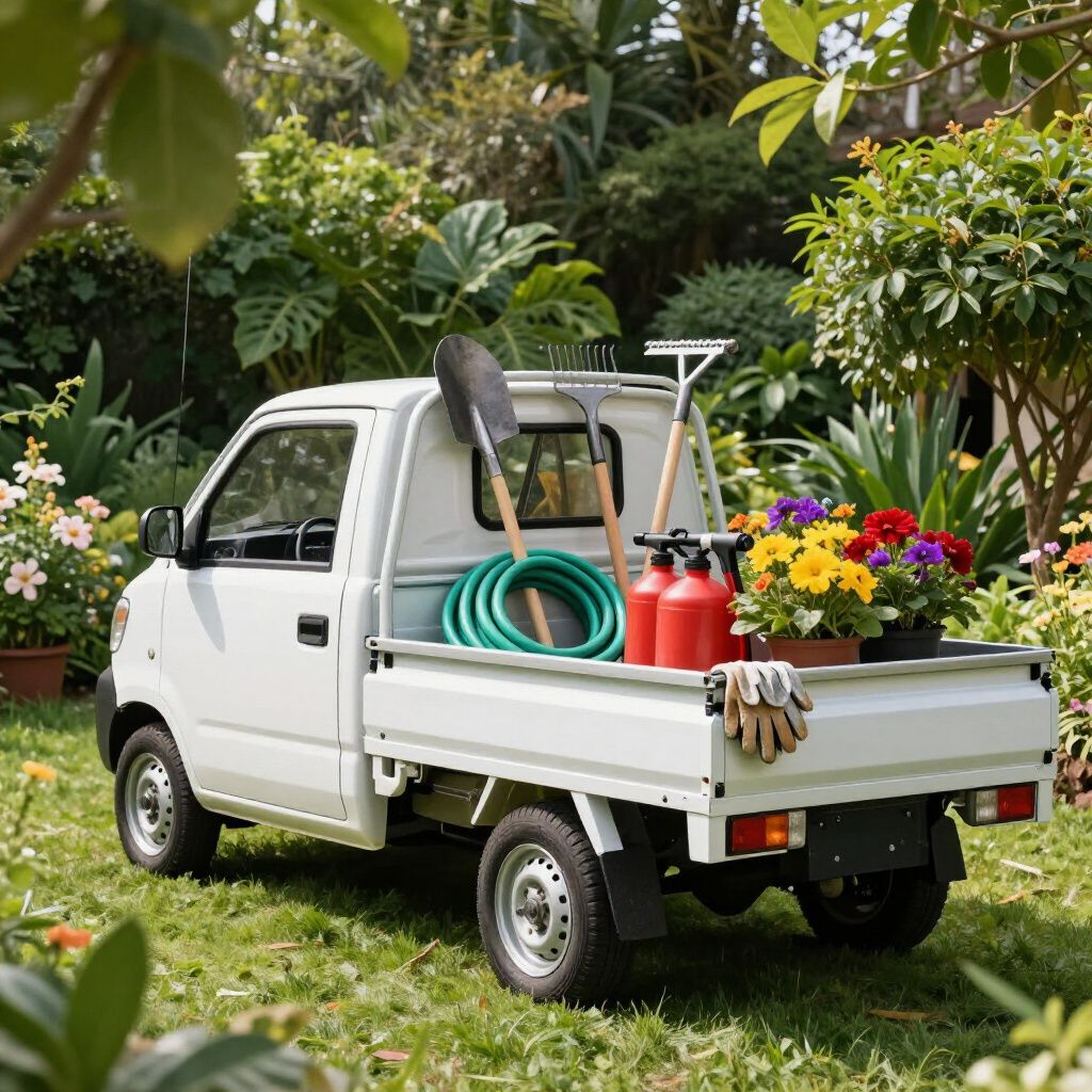 White mini truck with gardening tools and flowers in a garden setting.