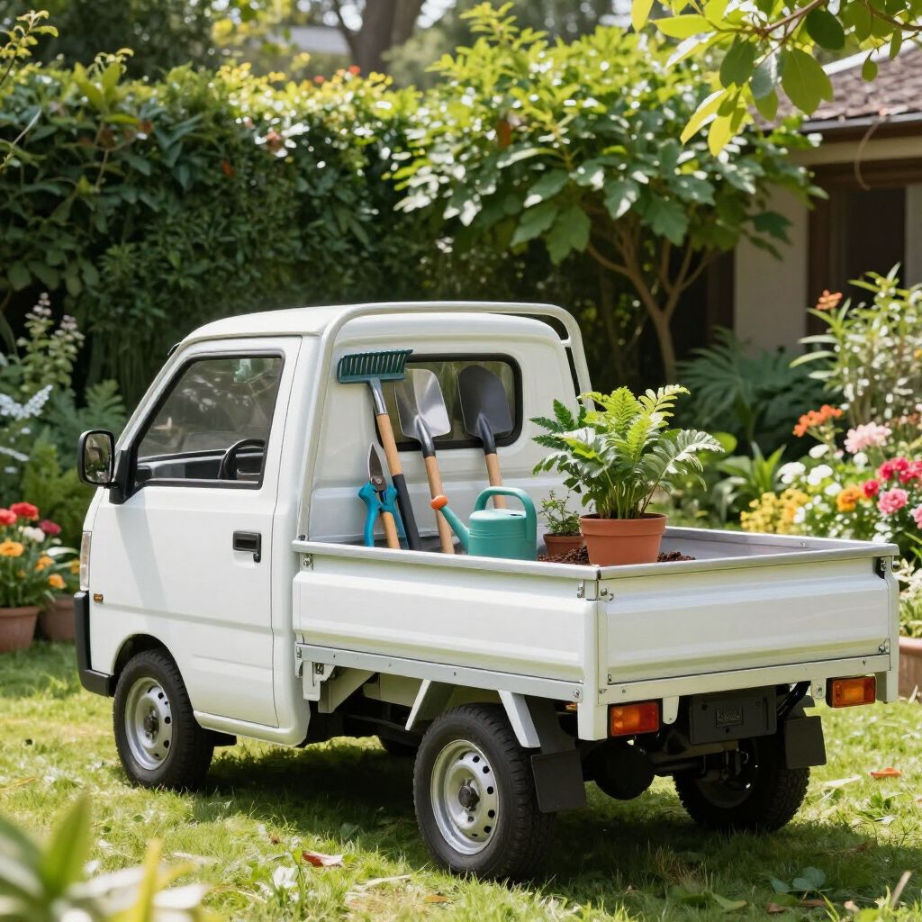 White mini pickup truck in a garden, holding tools and a potted plant, parked on grass.
