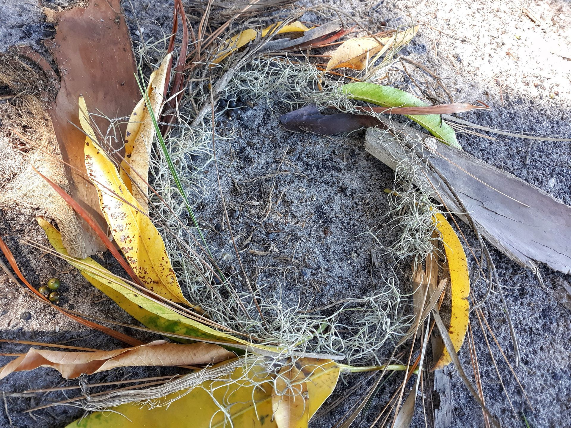Natural materials are arranged into a wreath along the beach during an Outdoor Teacher Retreat with the Association for Nature-Based Education.