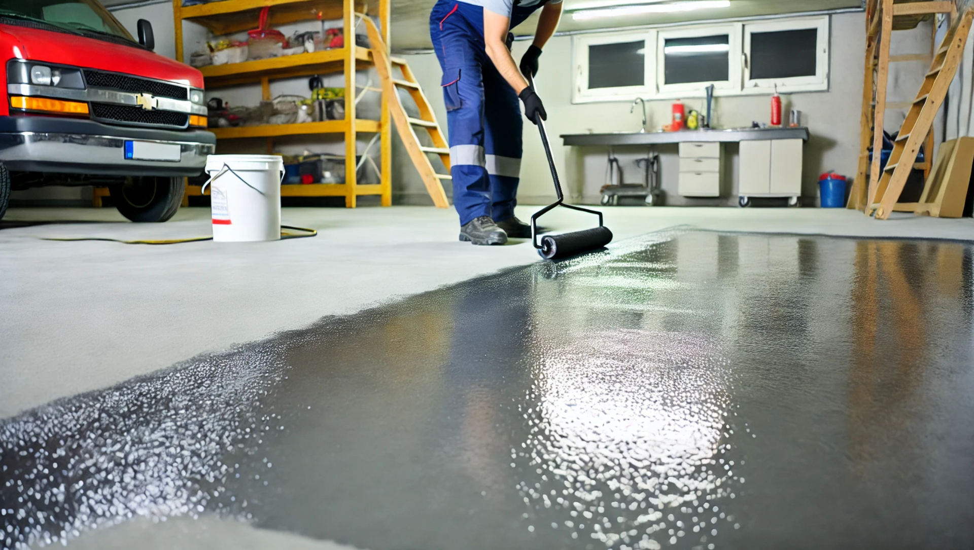 Polyurea application image of a contractor applying polyurea coating to a garage floor.