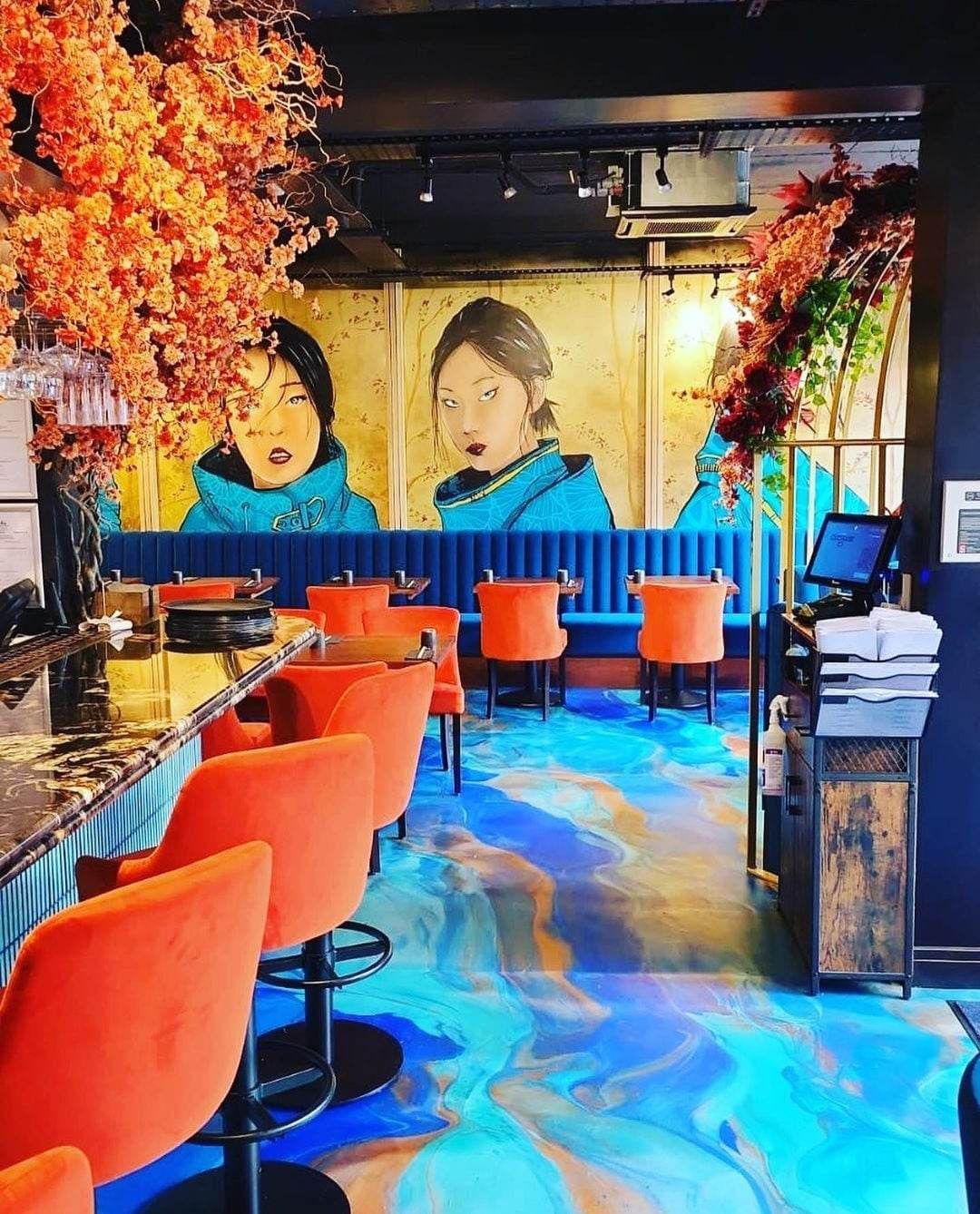 colourful commercial epoxy floor in blue and orange hues