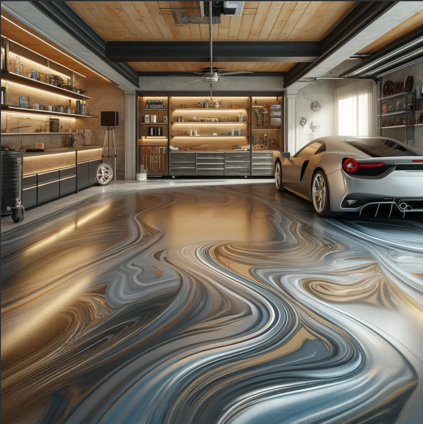 garage floor with metallic epoxy, showcasing a less modern but richly textured metallic finish. This design integrates classic garage elements with a sophisticated look, suitable for a functional yet aesthetically pleasing garage
