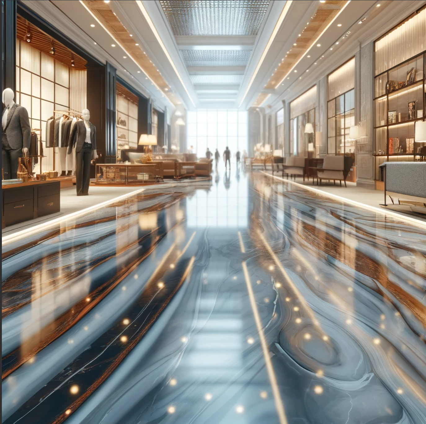 photo of epoxy flooring in a retail setting. This image showcases a stylish and elegant floor design that enhances the overall shopping experience in a modern retail environment.