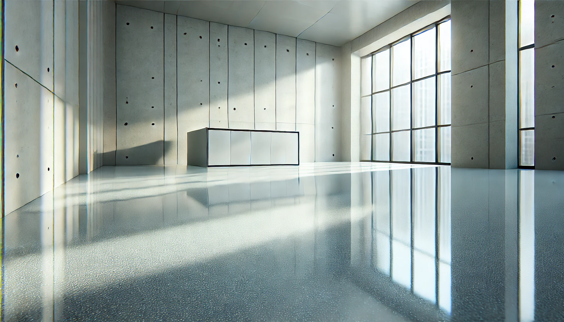 A large empty room with a concrete floor and a lot of windows.