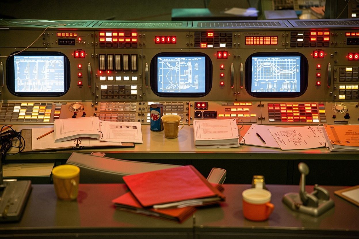 Photo of a control panel illuminated by red lights at the restored Apollo Mission Control Center courtesy of Space Center Houston