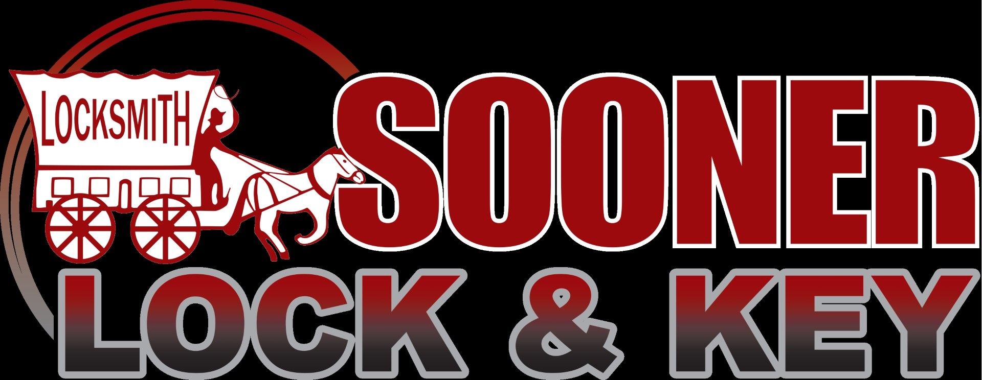 Logo for Sooner Lock & Key featuring a covered wagon icon and bold red and white text on a black background.