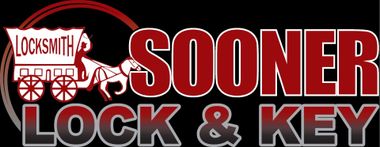 Logo for Sooner Lock & Key featuring a covered wagon icon and bold red and white text on a black background.
