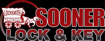 Logo for Sooner Lock & Key featuring a covered wagon icon and bold red and white text on a black background.