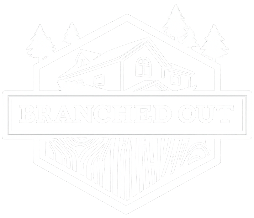Line-art logo with cabin, trees, and banner reading “BRANCHED OUT”