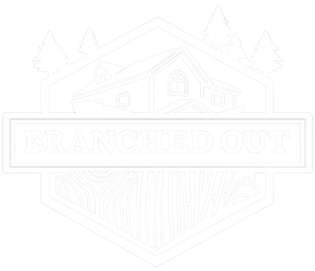 Line-art logo with cabin, trees, and banner reading “BRANCHED OUT”