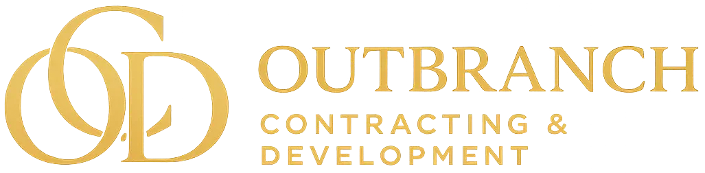 Outbranch Contracting & Development logo in gold with interlocking initials on a white background