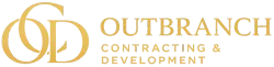Outbranch Contracting & Development logo in gold with interlocking initials on a white background