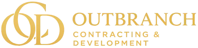 Outbranch Contracting & Development logo in gold with interlocking initials on a white background