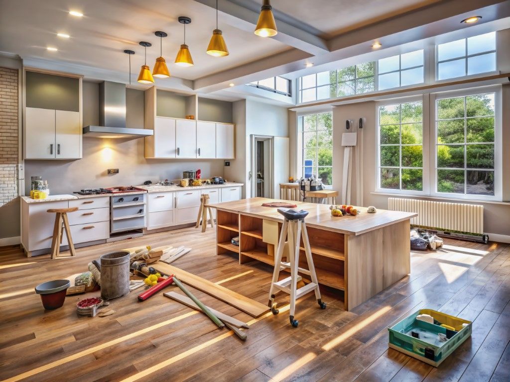 Bright modern kitchen under renovation with tools, ladder, and unfinished wooden island on the floor